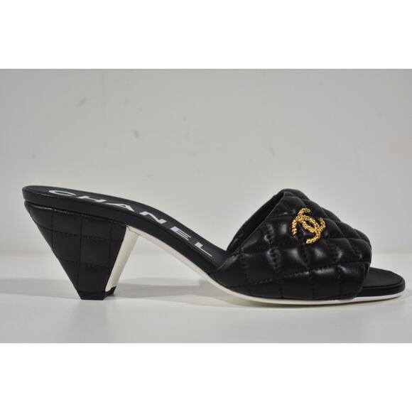 Chanel REV Black Lambskin Quilted CC Gold Logo Cone Heel Mule Slide Sandal 37 - Picture 2 of 11